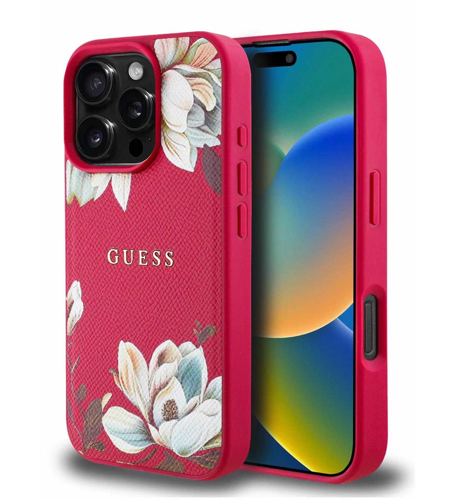 Чехол Guess PU Grained leather Flowers Metal logo Hard с MagSafe для iPhone 16 Pro Max, Цвета «фуксия»