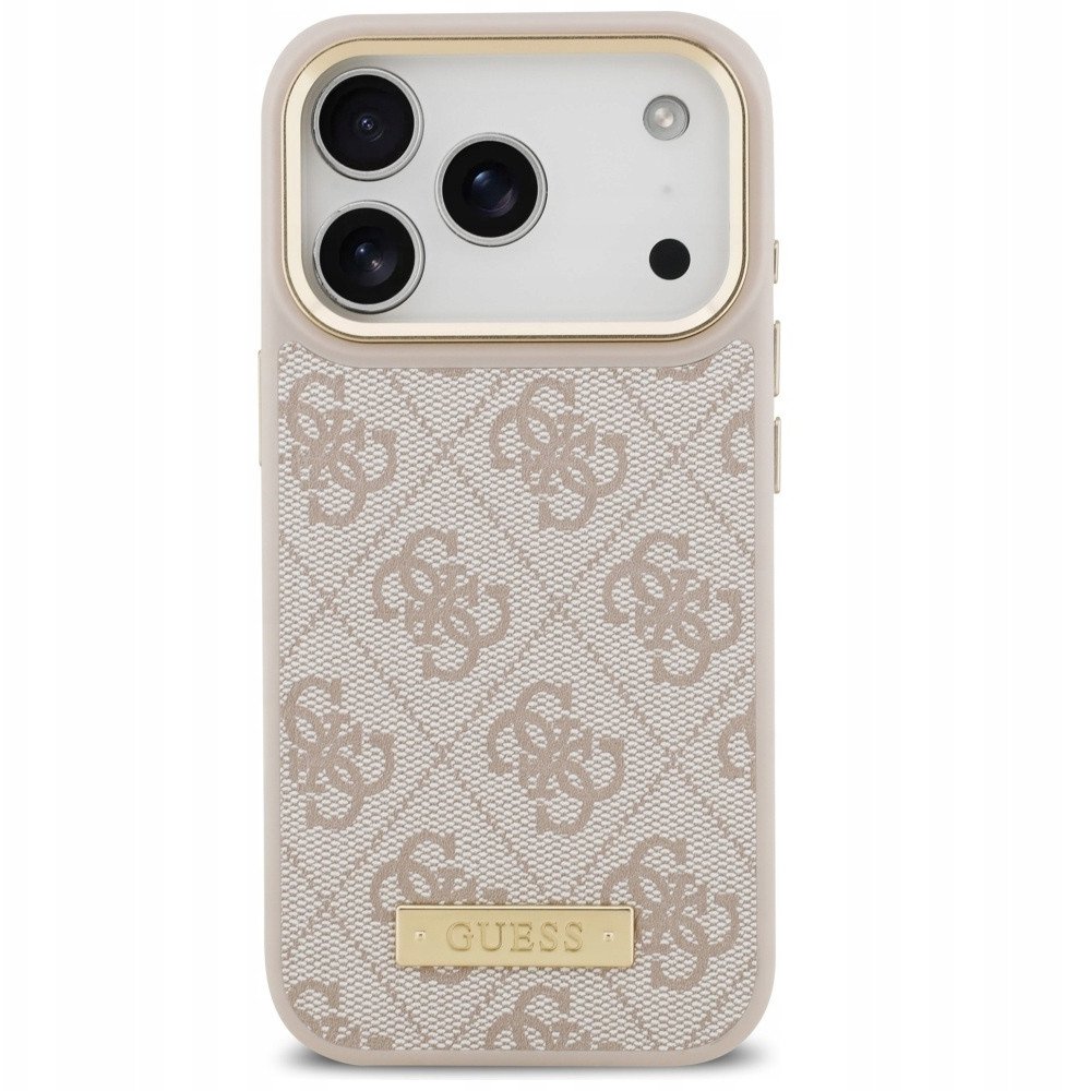 Чехол Guess iPhone 17 Pro PU 4G Plate metal logo and Gold camera Hard Pink, Magsafe, Розовый