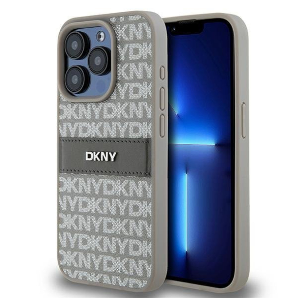 Чехол DKNY для iPhone 15 Pro Max PU Повторяющаяся текстура полоски в тон металлическому логотипу, Бежевый