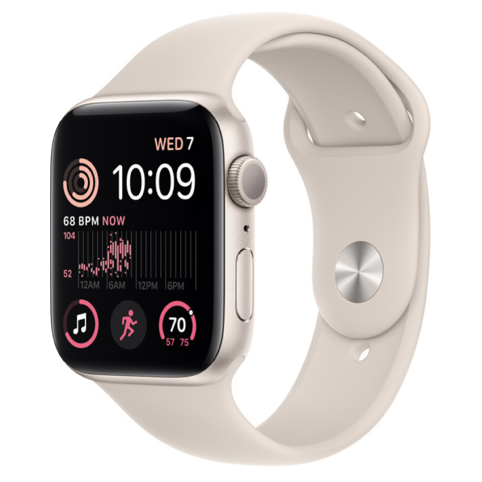 Apple Watch SE 2022 + cellular 44 мм, корпус из алюминия цвета «сияющая звезда», спортивный браслет цвета «сияющая звезда», S/M (MNQE3)