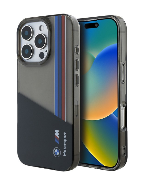 Чехол BMW для iPhone 16 Pro Max, Motorsport PC/TPU Вертикальные полосы триколор, Черный