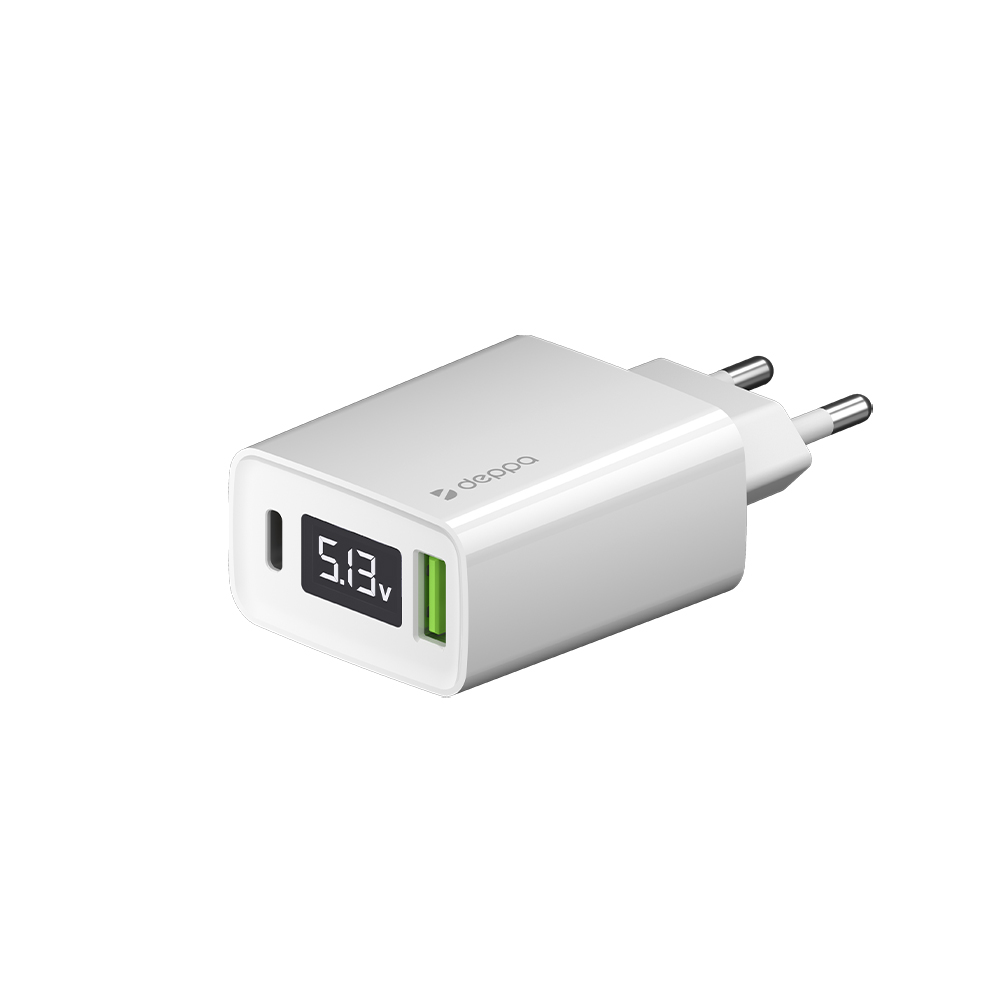 Deppa USB-A/USB-C с дисплеем 30W, Белый