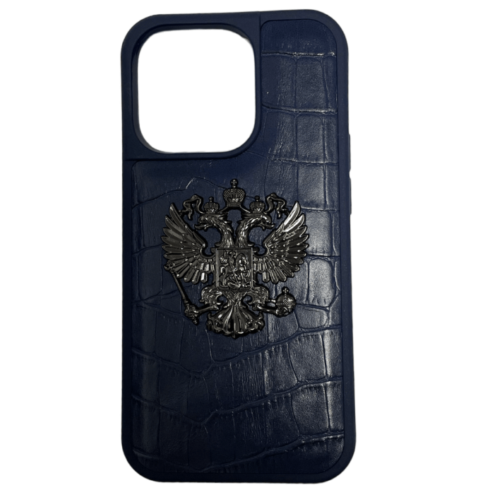 Чехол Кожа с металлическим гербом для iPhone 14 Pro Max, Синий