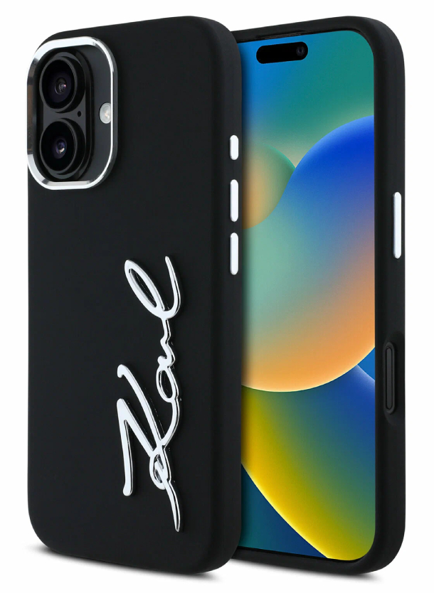 Чехол Lagerfeld для iPhone 16 Plus, Силикон Signature Metal logo & Camera frame, Черный
