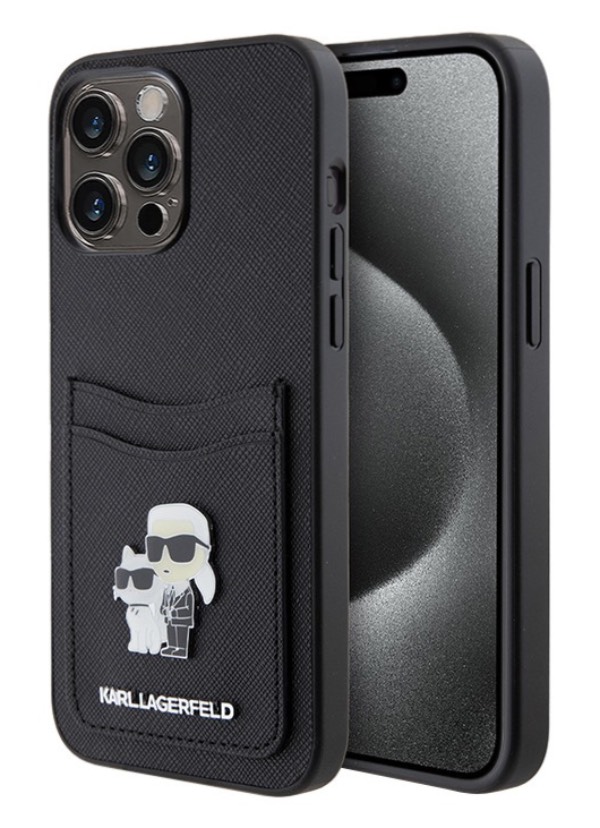 Чехол Lagerfeld для iPhone 15 Pro Max Cardslot PU Saffiano NFT Karl & Choupette металл, черный