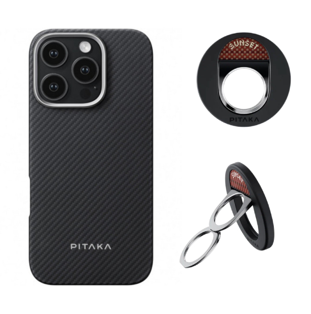 Чехол PITAKA Case для iPhone 16 Pro, Черный/Серый Ultra-Slim + Магнитное кольцо MagEZ Grip2, Черный