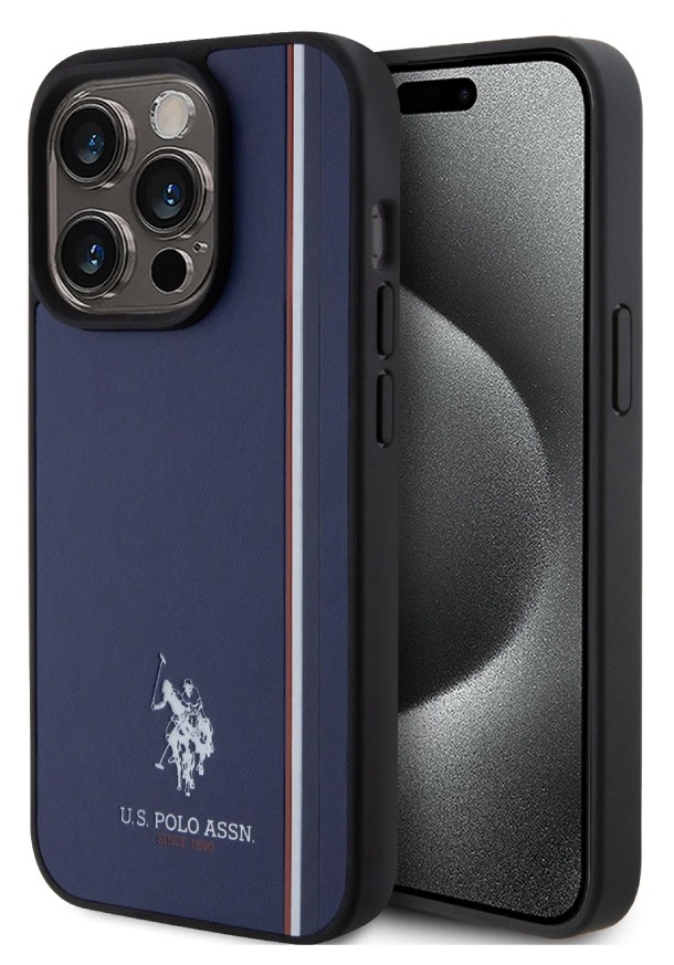 Чехол U.S. Polo для iPhone 15 Pro, PU Double horse logo and Tricolor line Hard, Синий