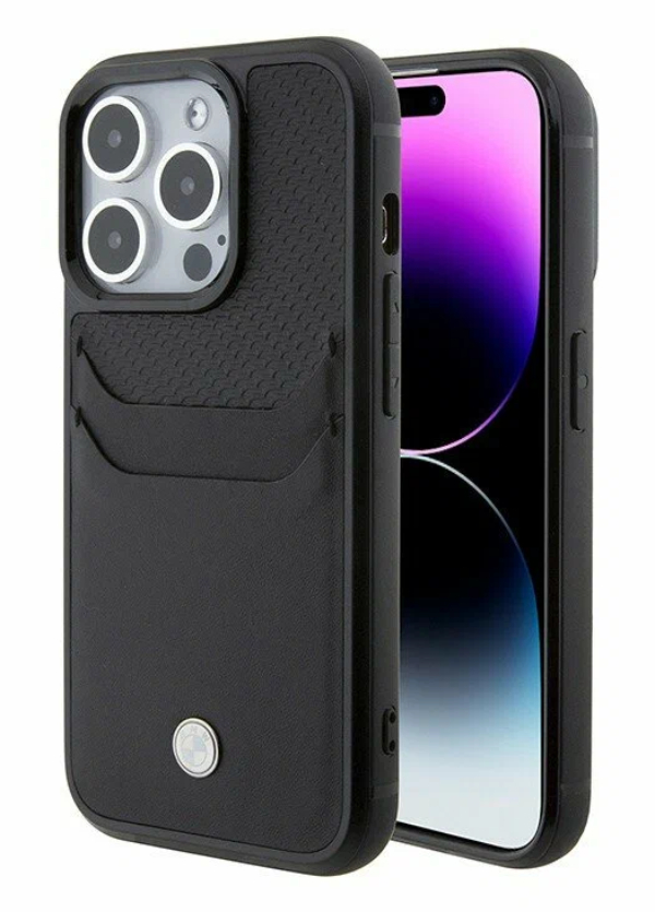 Чехол BMW для iPhone 15 Pro Max, Фирменная кожа с прорезью для карт памяти, Чёрный