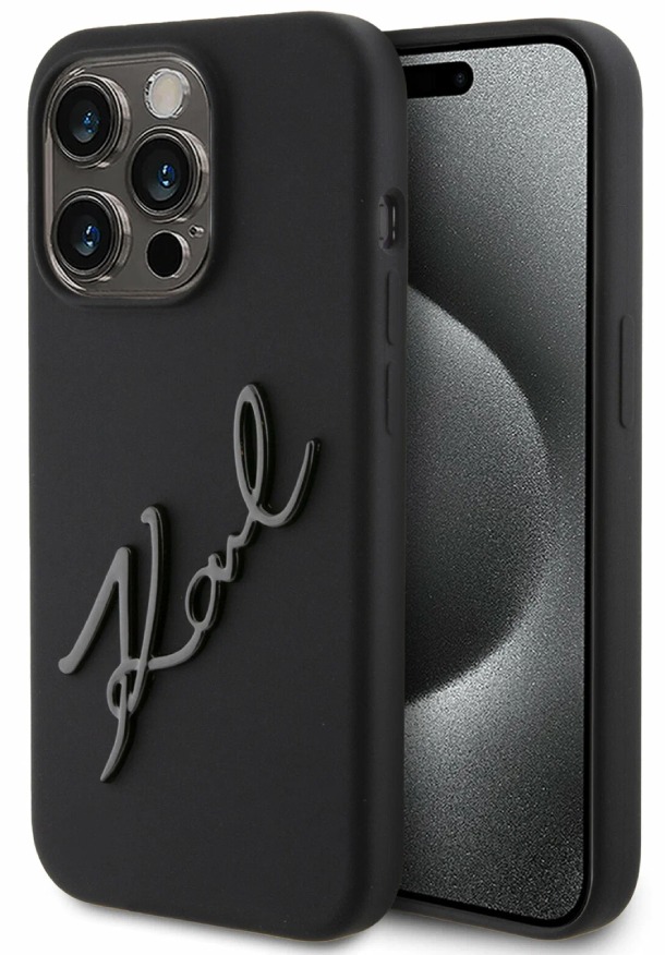 Чехол Lagerfeld для iPhone 15 Pro, Силикон Metal Autograph Hard, Черный