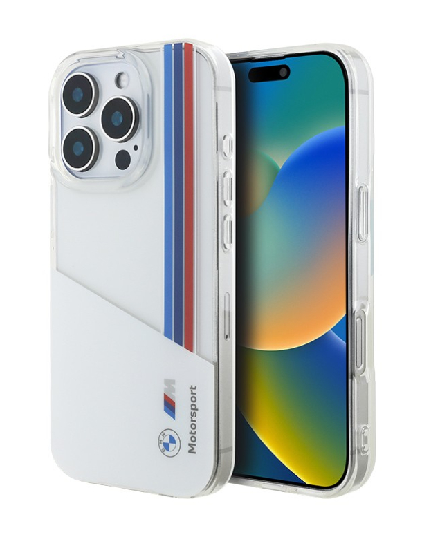 Чехол BMW для iPhone 16 Pro Max, Motorsport PC/TPU Вертикальные линии триколор, Белый