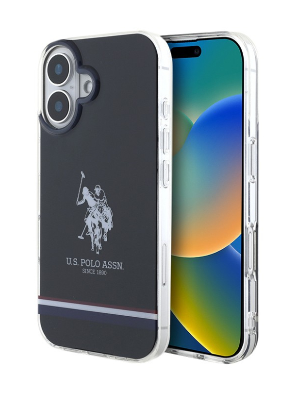 Чехол U.S. Polo для iPhone 16, PC/TPU Логотип с изображением двойной лошади в трехцветную полоску, Черный