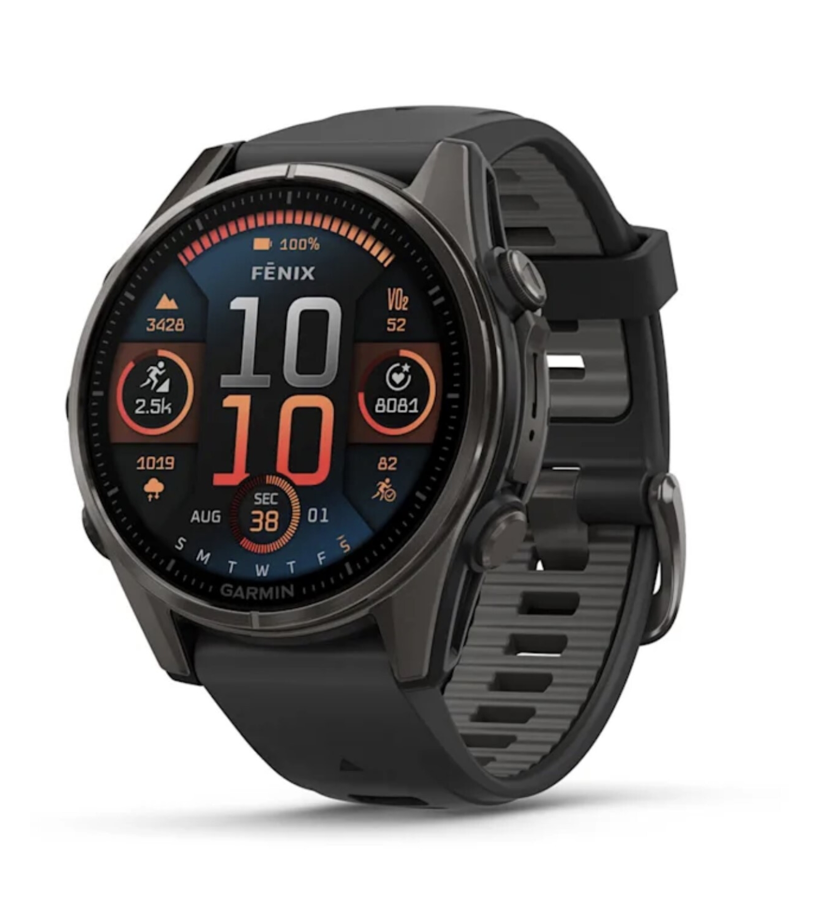 Garmin Fenix 8, 43 мм, AMOLED, Сапфирово-серый DLC-титан с черным / серо-галечным силиконовым ремешком