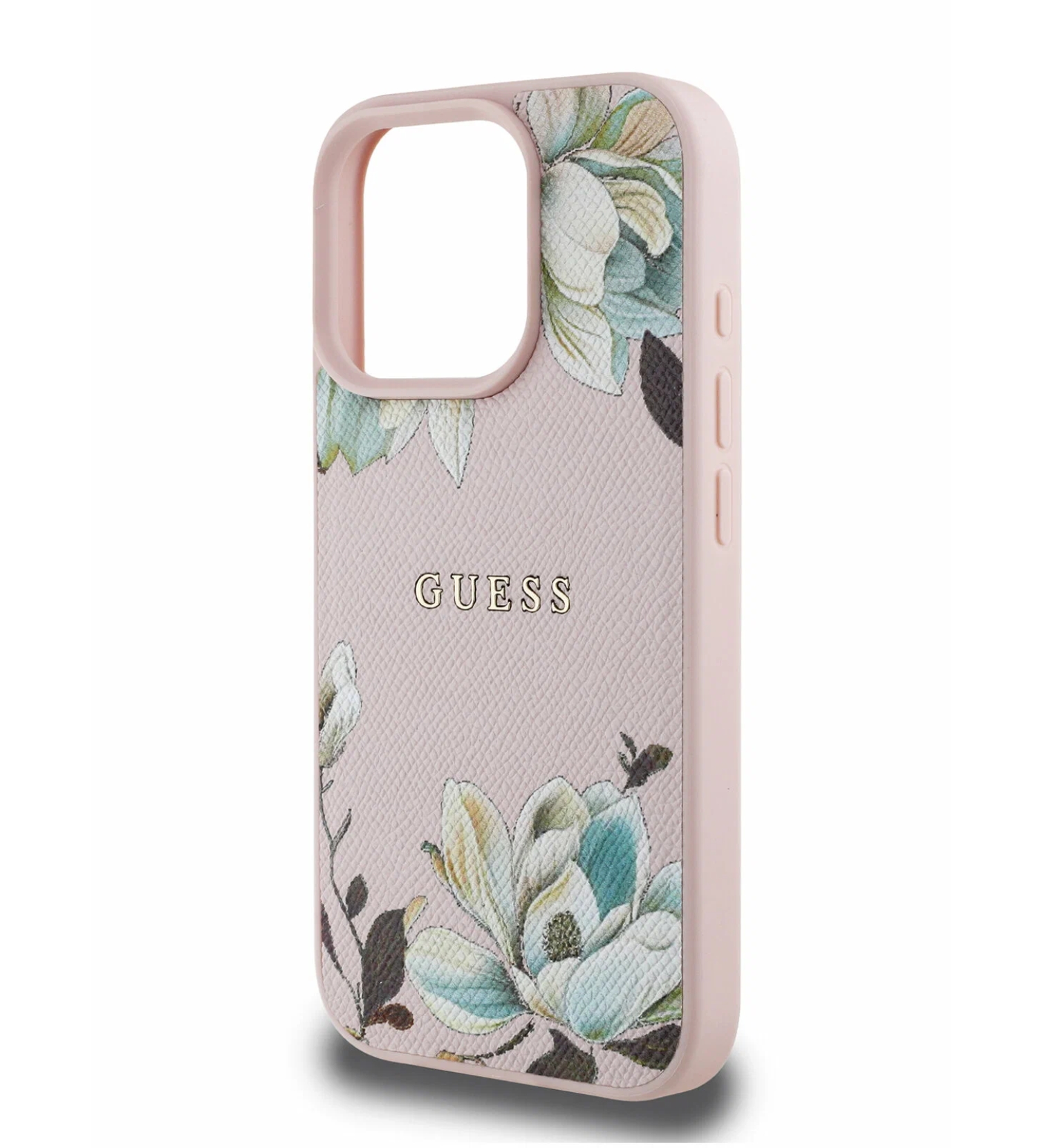 Чехол Guess PU Grained leather Flowers Metal logo Hard с MagSafe для iPhone 16 Pro, Розовый