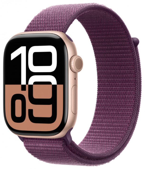 Apple Watch Series 10 GPS 46 мм, корпус из алюминия цвета «розовое золото», спортивный браслет цвета «Plum» (MWWV3)