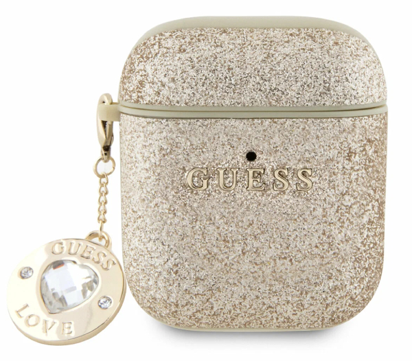 Чехол Guess для Airpods 2 Фиксированные блестки с бриллиантовым сердечком-шармом, Золотой