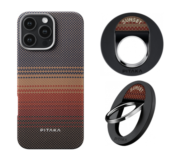 Чехол PITAKA Tactile Woven для iPhone 16 Pro, Закат + Магнитное кольцо MagEZ Grip2, Закат