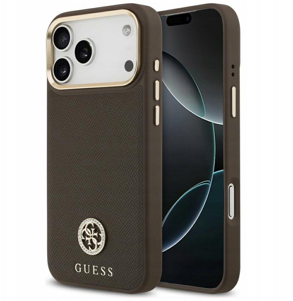 Чехол Guess iPhone 17 Pro Max PU Grained 4G Diamond metal logo Gold camera Hard Brown, MagSafe, Коричневый