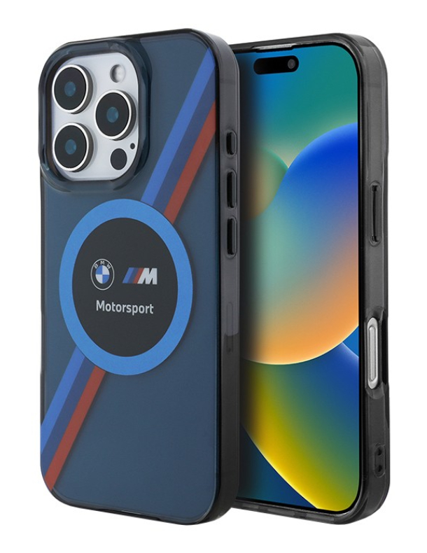 Чехол BMW для iPhone 16 Pro, Motorsport PC/TPU Круг и триколор MagSafe, Синий