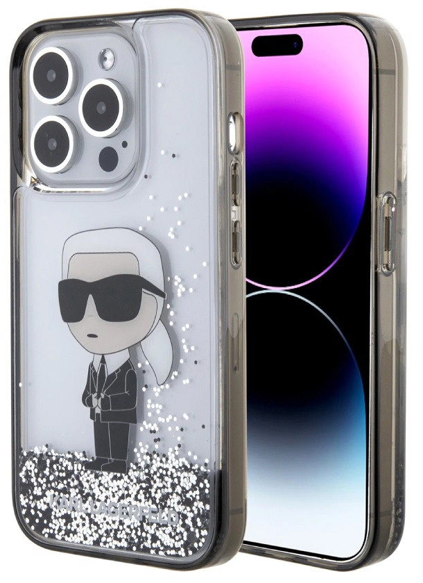 Чехол Lagerfeld для iPhone 15 Pro, Liquid Glitter NFT Karl Ikonik Hard, Прозрачный/Черный