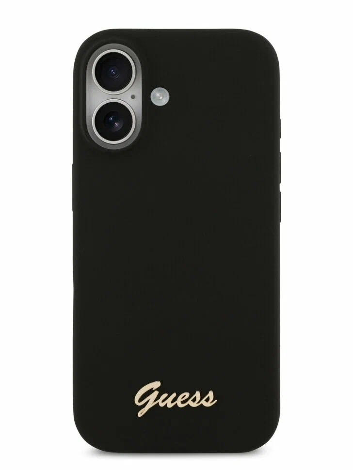 Чехол Guess iPhone 17 Liquid silicone Gold metal logo & Camera Hard Black, MagSafe, Черный