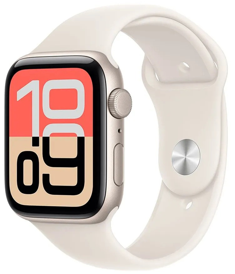 Apple Watch SE 3 (2025), 44мм, корпус из алюминия цвета «Сияющая звезда», спортивный ремешок цвета «Сияющая звезда», размер S/M (MEHG4)