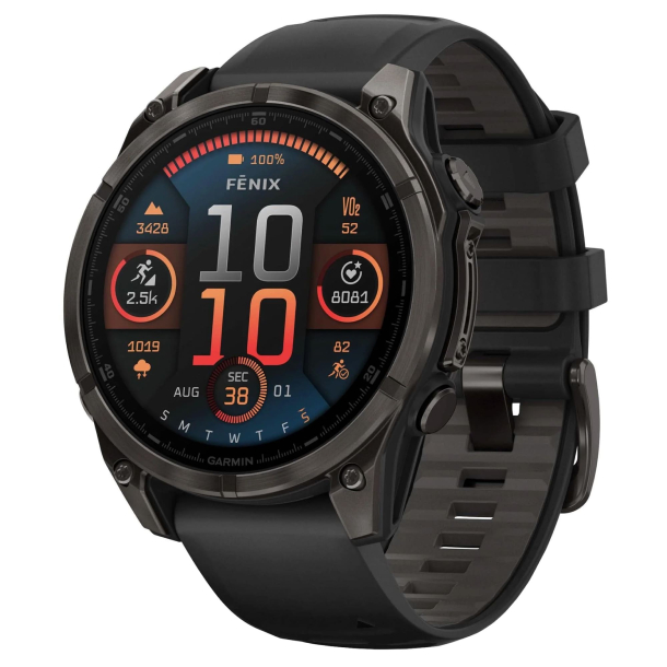 Garmin Fenix 8 - 51мм, Amoled Sapphire Серый Карбон DLC Белый Титан, Силиконовый ремешок Черный/Серая галька