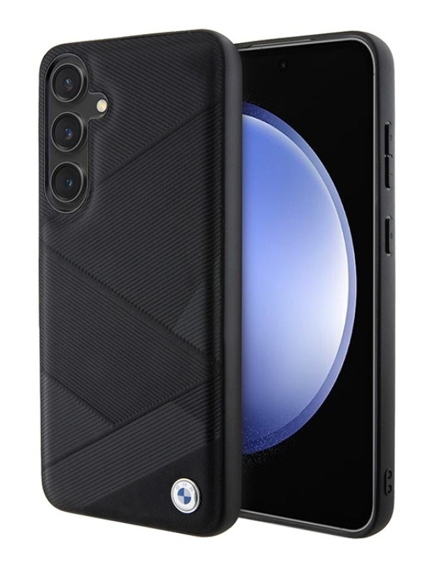 Чехол BMW для Samsung Galaxy S24, Кожаный текстурированный металлический логотип, Черный