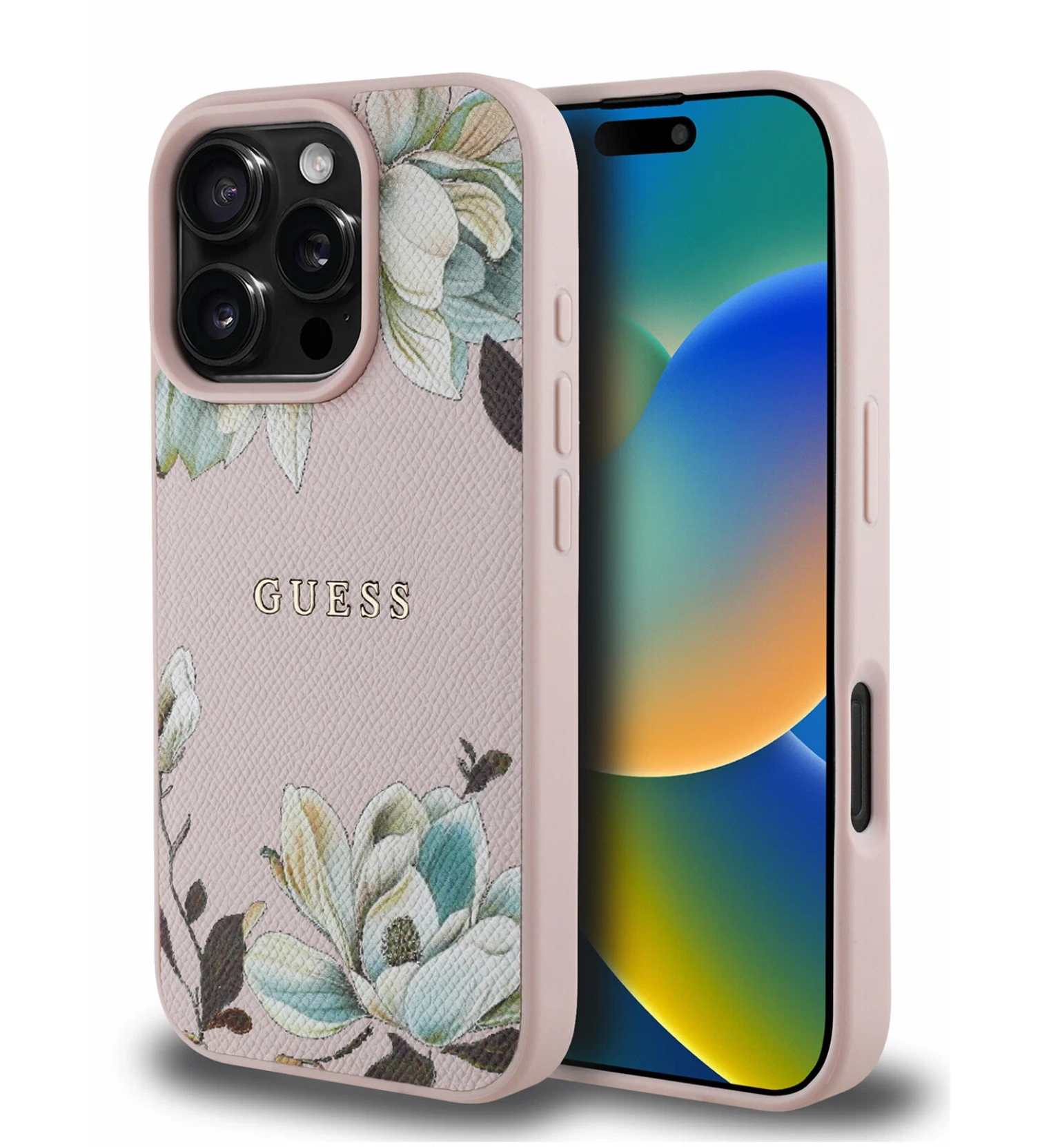 Чехол Guess PU Grained leather Flowers Metal logo Hard с MagSafe для iPhone 16 Pro Max, Розовый