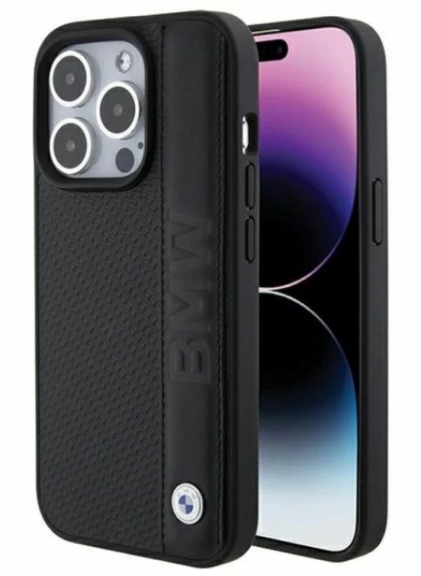 Чехол BMW для iPhone 15 Pro Max, Фирменная текстурная кожа с логотипом, Черный