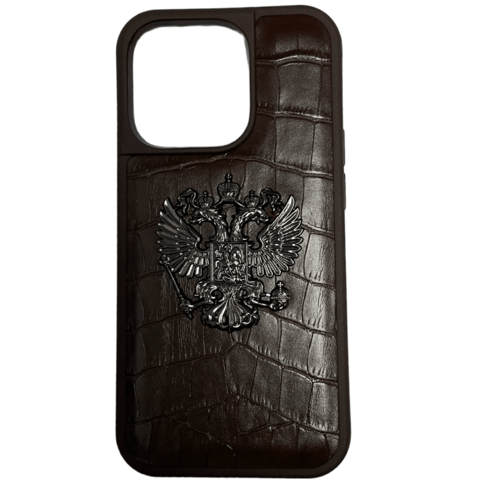 Чехол Кожа с металлическим гербом для iPhone 14 Pro Max, Коричневый