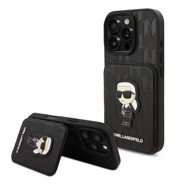 Чехол Lagerfeld для iPhone 16 Pro Max, Картслот Stand PU Saffiano Monogram NFT Karl Ikonik, Черный
