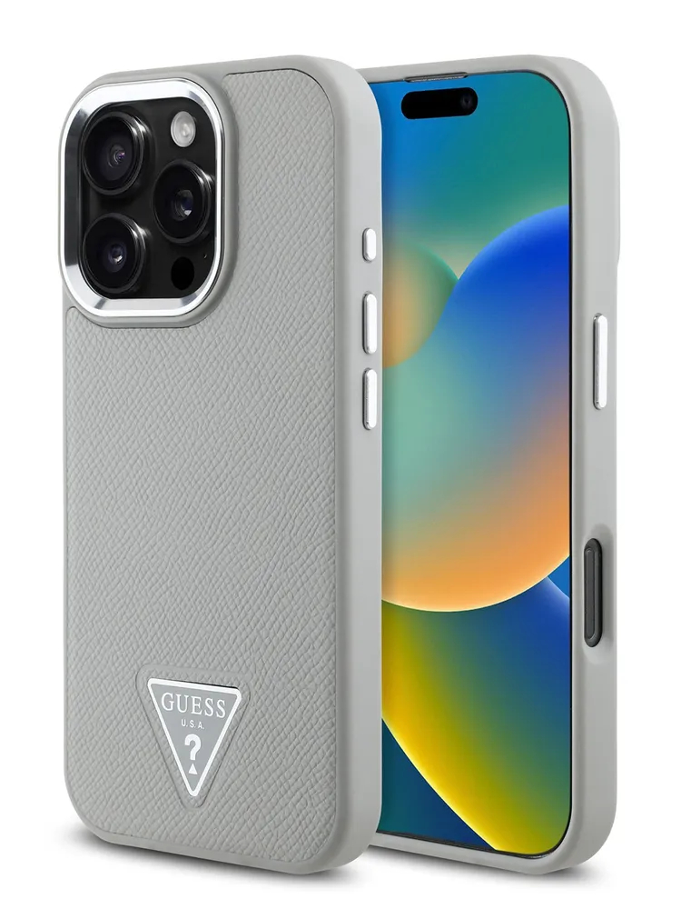 Чехол Guess для iPhone 16 Pro Max PU Grained leather Triangle metal logo, MagSafe, Бежевый