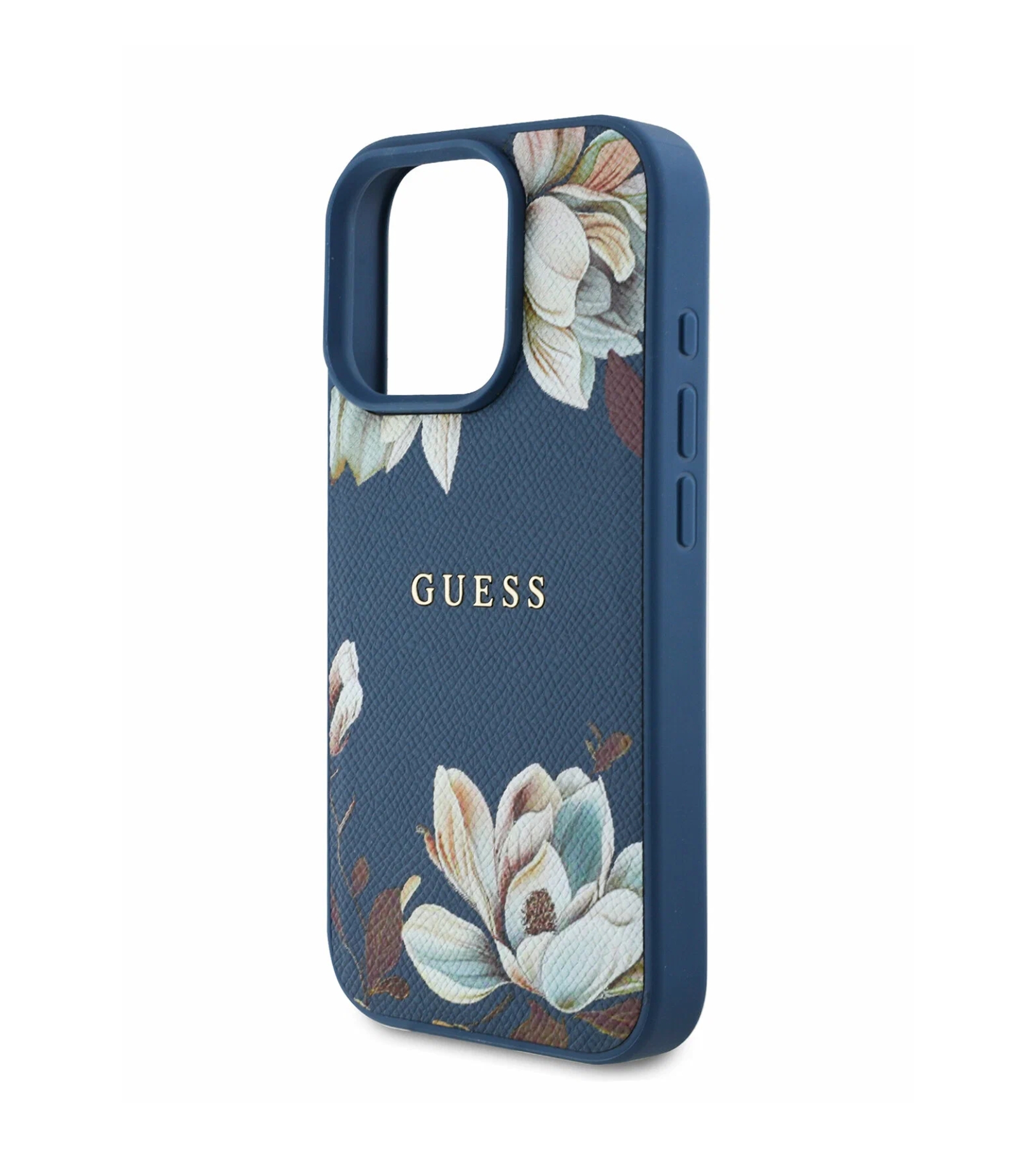 Чехол Guess PU Grained leather Flowers Metal logo Hard Blue (MagSafe) для iPhone 16 Pro Max, Синий