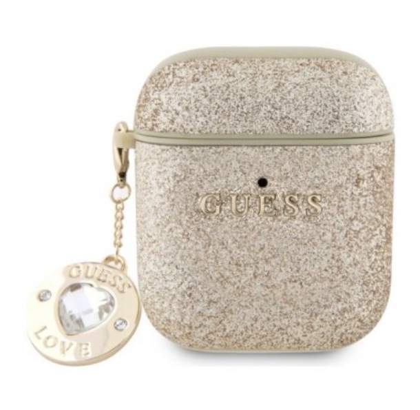 Чехол Guess для Airpods 2, Фиксированные блестки с бриллиантовым сердечком-шармом, Коричневый