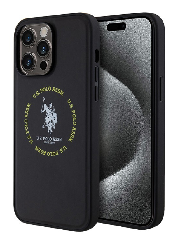 Чехол U.S. Polo для iPhone 16 Pro Max, PU Круглый двойной логотип лошади MagSafe, Черный 