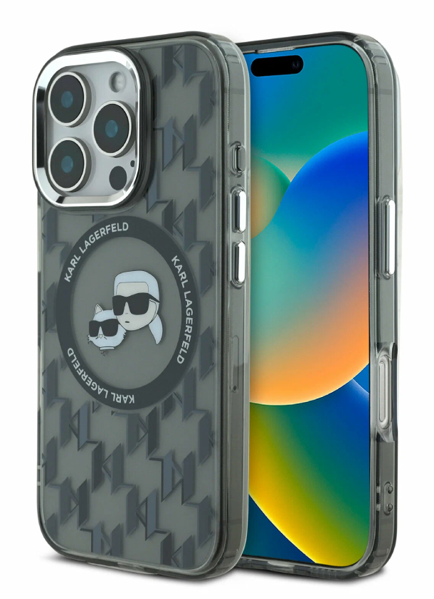 Чехол Lagerfeld для iPhone 16 Pro, PC/TPU Monogram NFT Karl & Choup Metal Cam Hard MagSafe, Черный