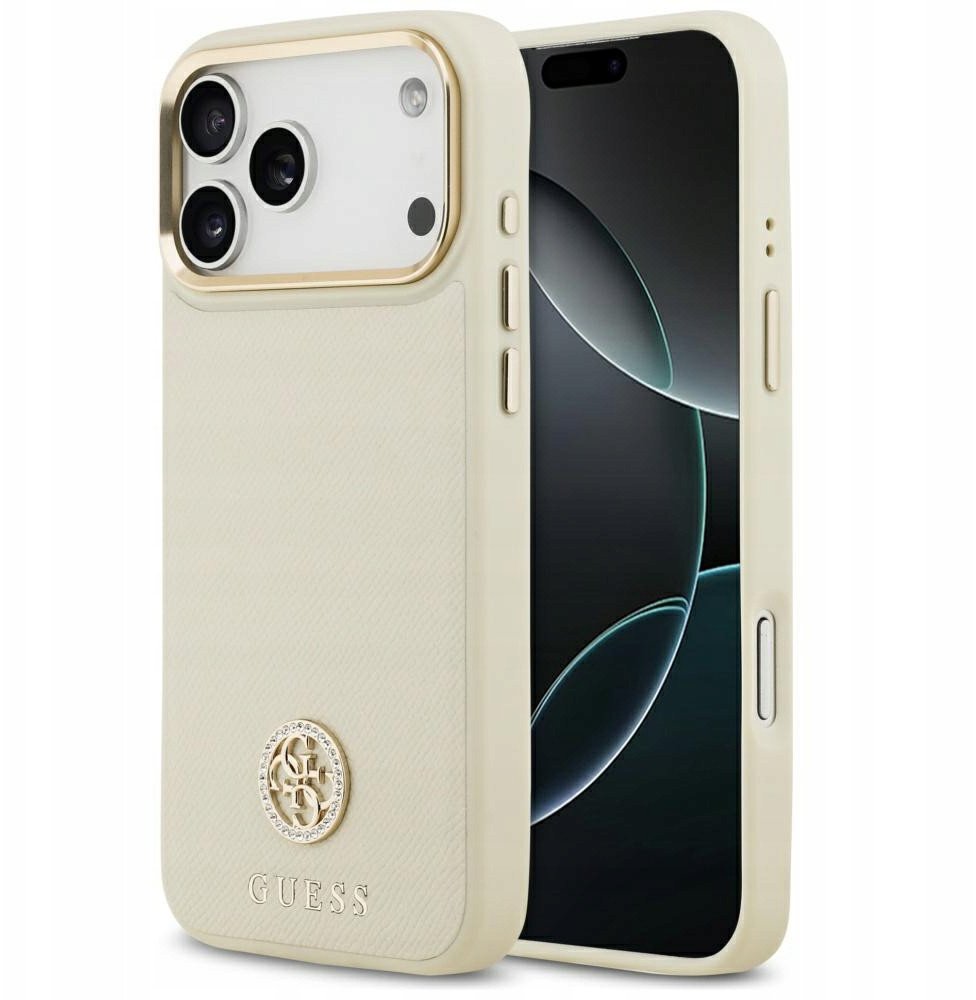 Чехол Guess iPhone 17 Pro Max PU Grained 4G Diamond metal logo Gold camera Hard Beige, MagSafe, Бежевый