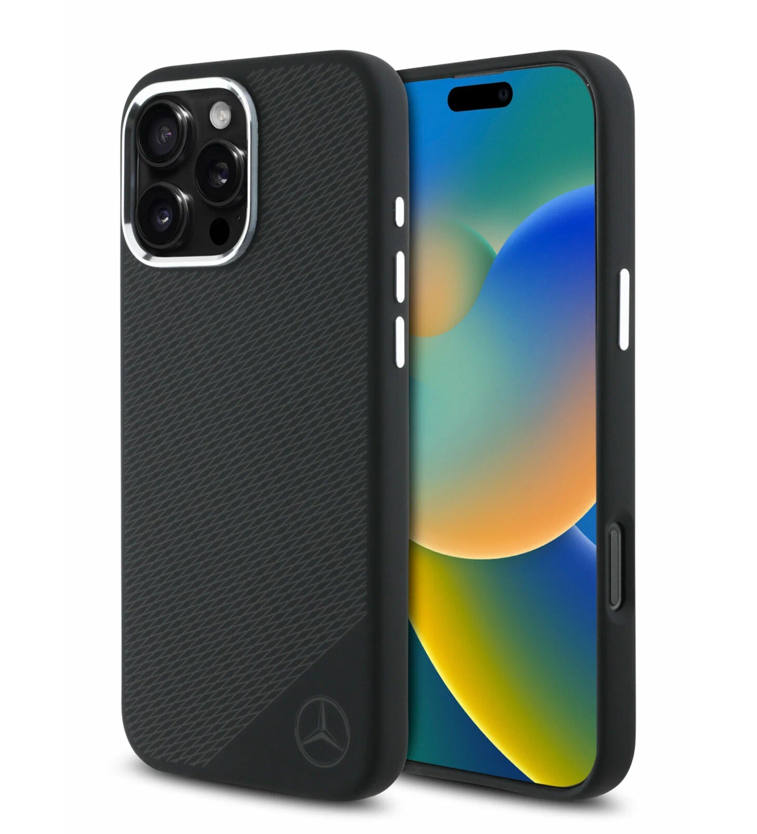 Чехол Mercedes Liquid silicone Wood Imitation Metal camera с MagSafe для iPhone 16 Pro, Черный