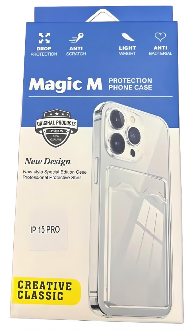Чехол силиконовый Magic M для iPhone 15 Pro, Прозрачный с кармашком карт