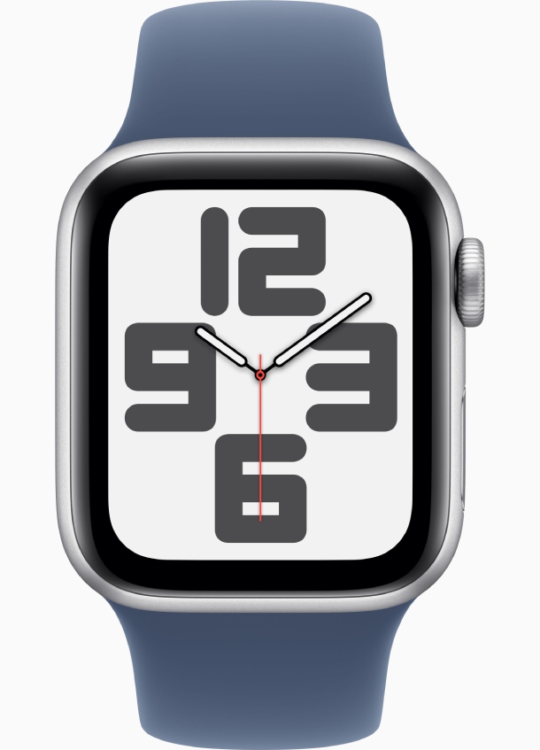 Apple Watch SE 2024, 40 мм, корпус из алюминия серебристого цвета, спортивный ремешок синего цвета, размер S/M, MXEC3