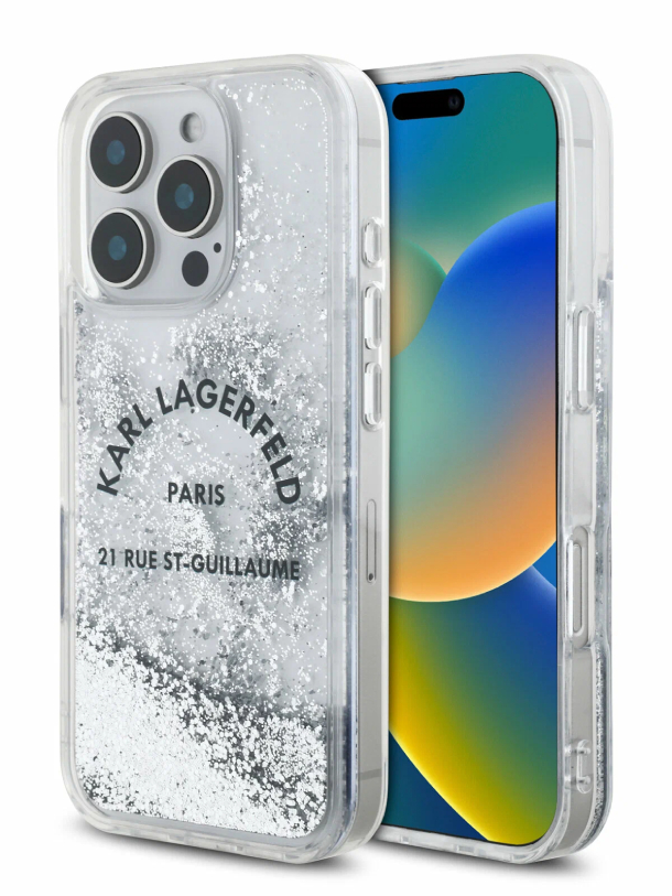 Чехол Lagerfeld для iPhone 16 Pro, Glitter RSG логотип, Серебристый