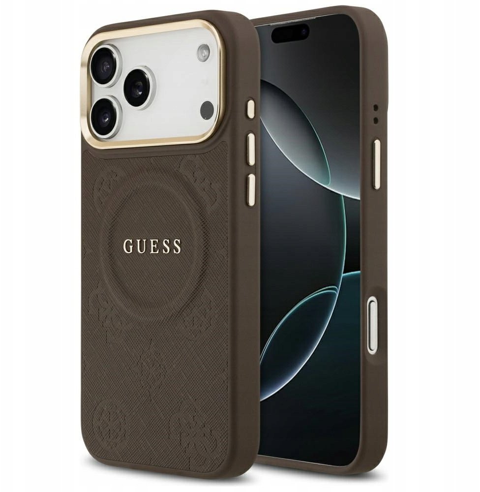 Чехол Guess iPhone 17 Pro Max PU Saffiano Peony Metal logo Gold camera Hard Brown, MagSafe, Коричневый