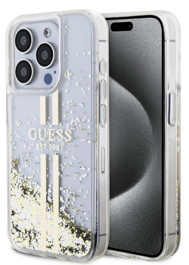 Чехол Guess для iPhone 15 Pro, Liquid Glitter Gold Stripes Hard, Золотой