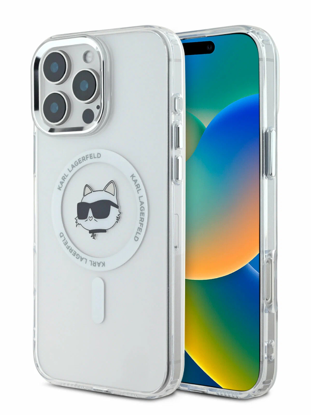 Чехол Lagerfeld для iPhone 16 Pro, PC/TPU NFT Choupette Head Metal camera MagSafe, Белый