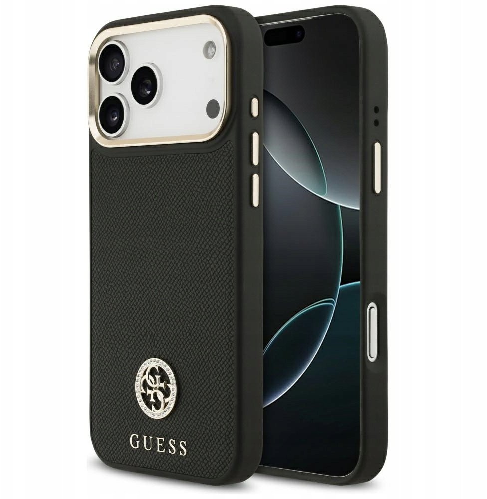 Чехол Guess iPhone 17 Pro Max PU Grained 4G Diamond metal logo Gold camera Hard Black, MagSafe, Черный