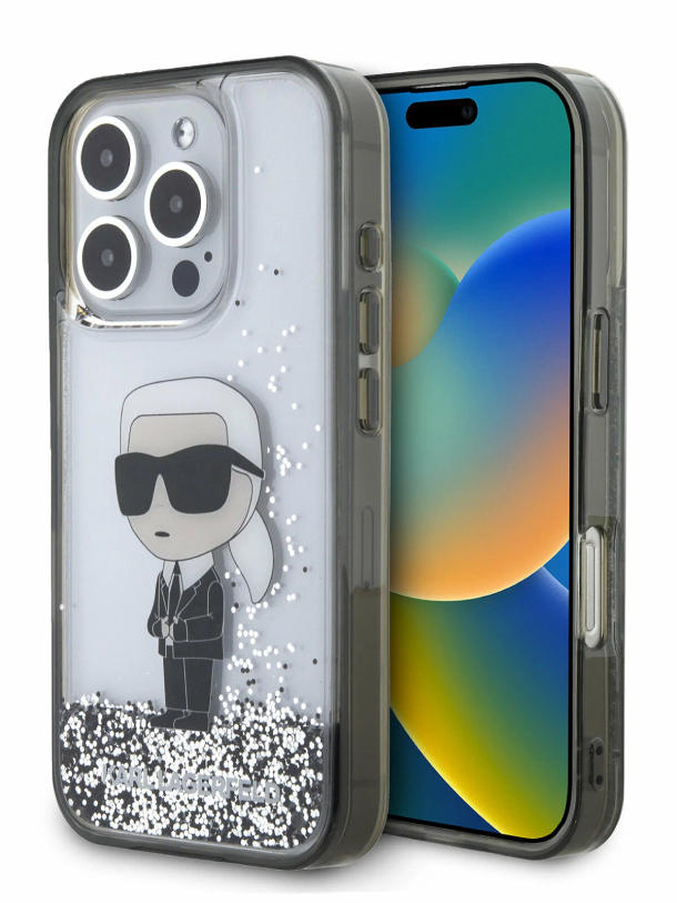 Чехол Lagerfeld для iPhone 16 Pro, Glitter NFT Karl Ikonik, Прозрачный/Черный