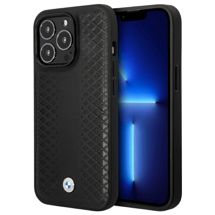 Чехол BMW для iPhone 14 Pro, Фирменный кожаный ромбовидный узор, Черный
