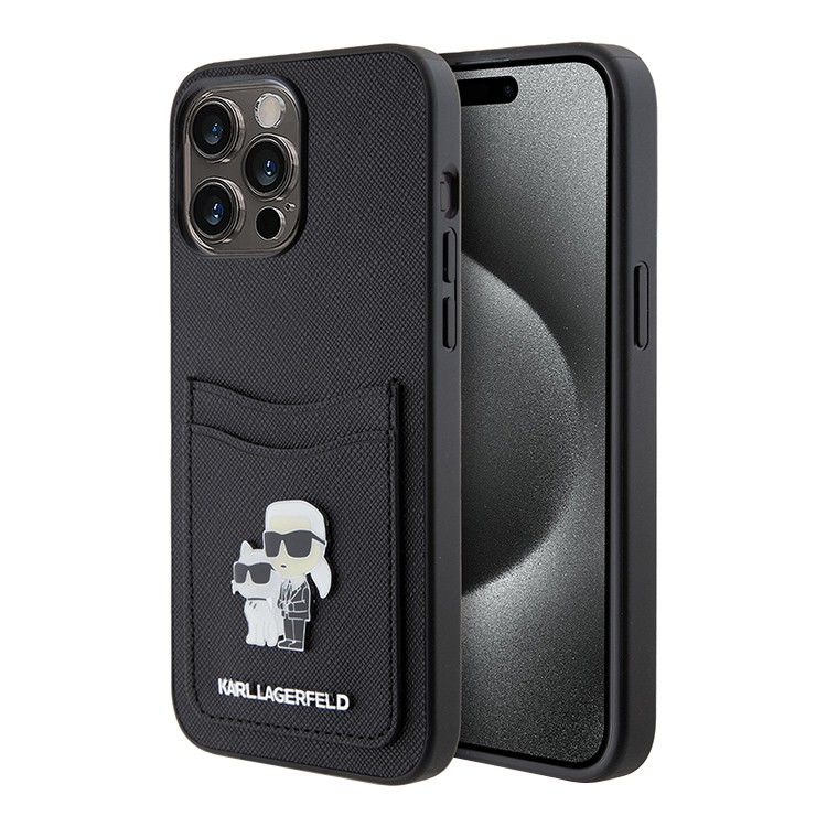 Чехол Lagerfeld для iPhone 15 Pro, Слот для карт PU Саффиано NFT Karl & Choupette, Черный