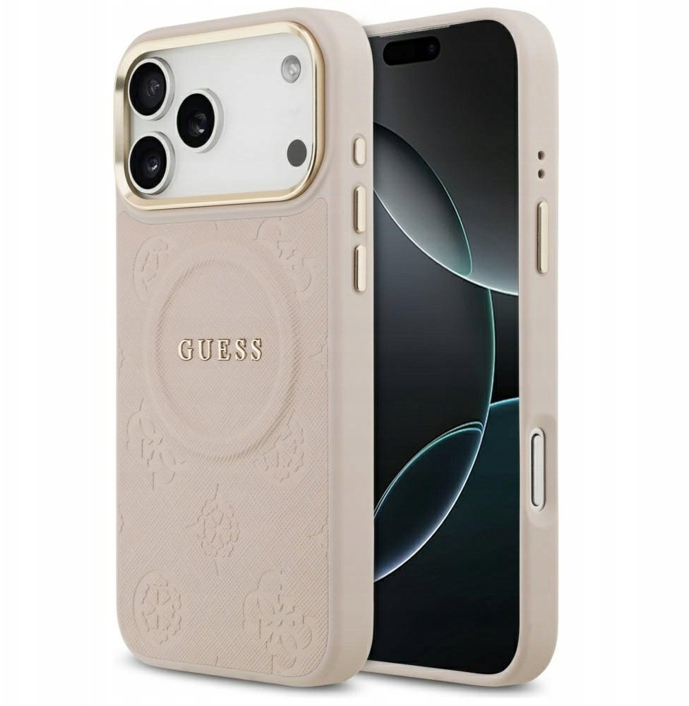 Чехол Guess iPhone 17 Pro Max PU Saffiano Peony Metal logo Gold camera Hard Pink, MagSafe, Бежевый