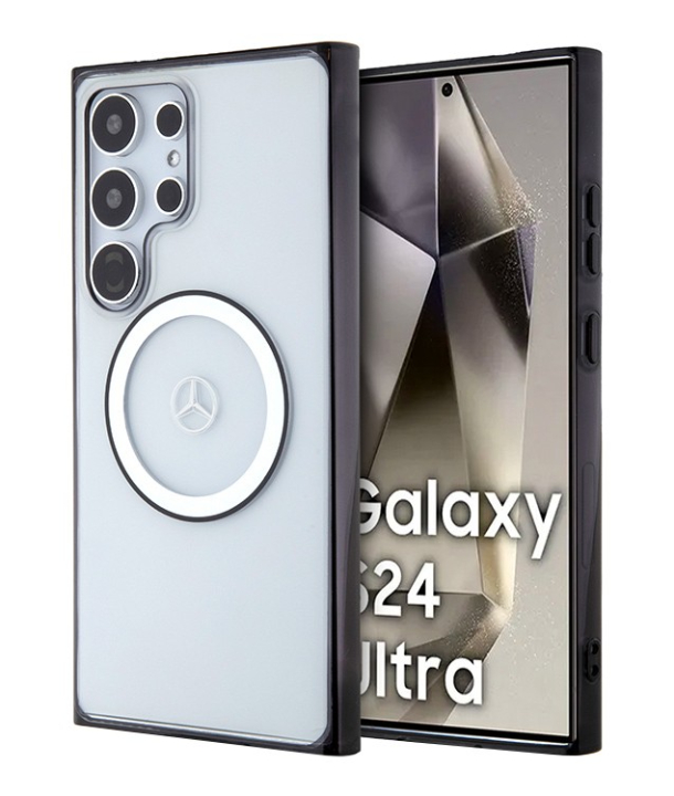Чехол Mercedes для Samsung Galaxy S24 Ultra, PC/TPU Прозрачный с черным кольцом MagSafe, Clear